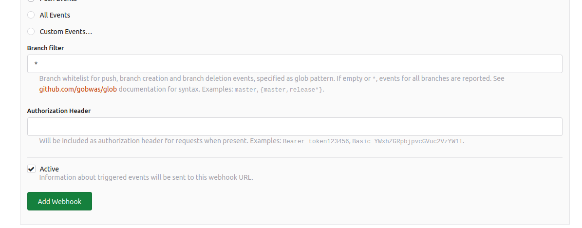 screenshot of the webhook definition webpage