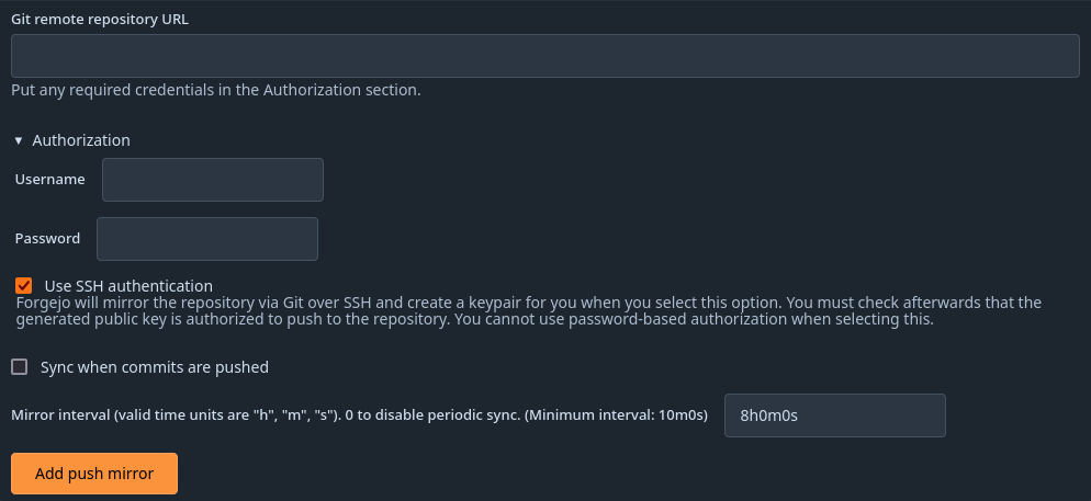 The mirror settings is being shown and the SSH checkbox is ticked