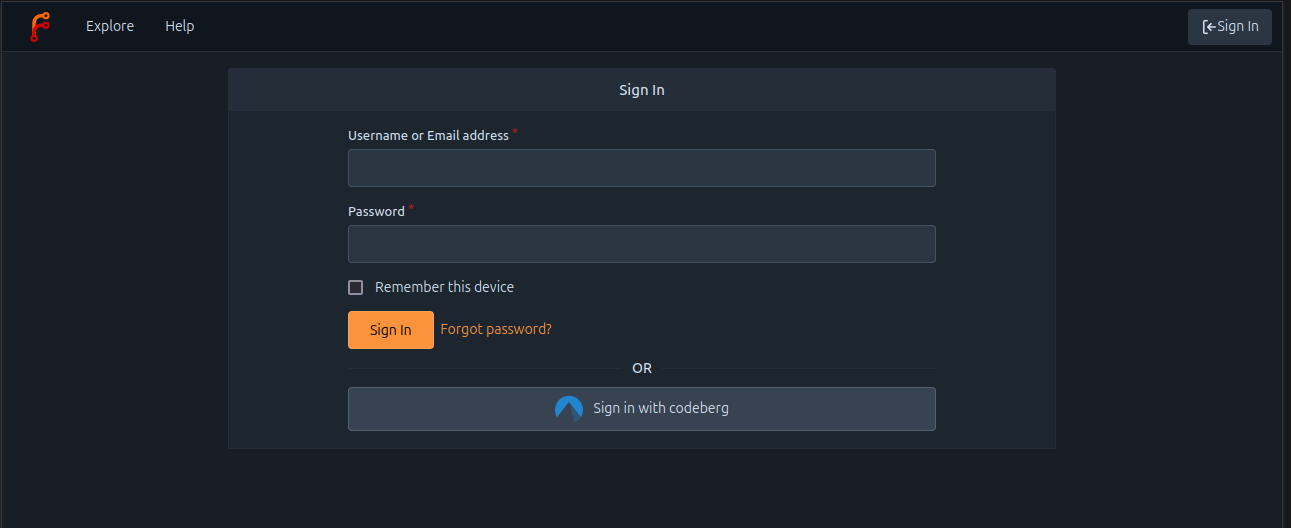 Login page with Codeberg authentication source